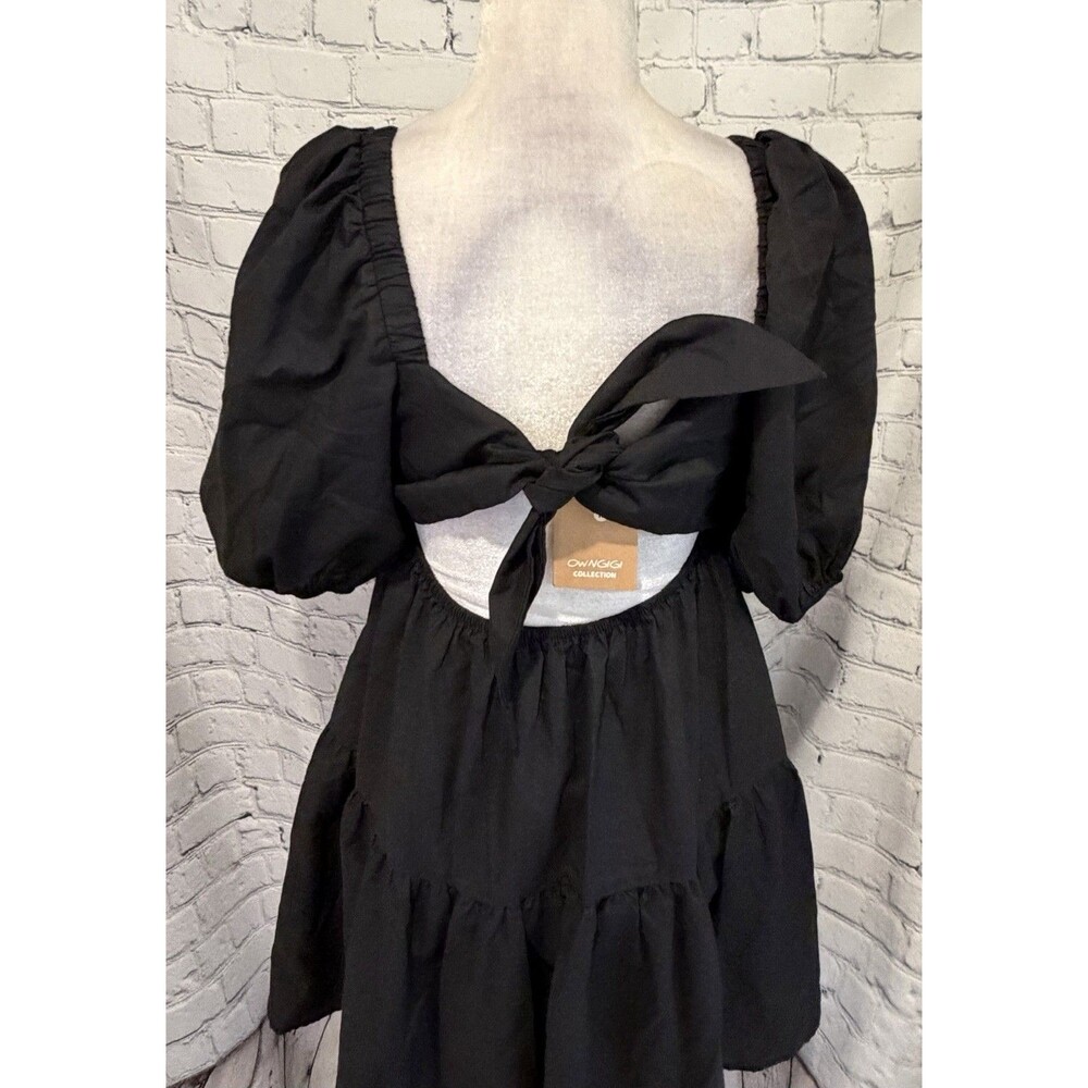 NWT OWNGIGI Women's Black Summer Dress Square Neck Puffy Short Sleeve Tie Back M - Picture 6 of 9